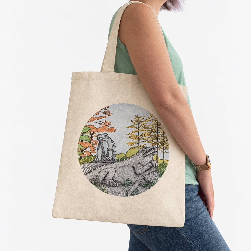 A person wearing a mint green tank top and blue jeans carries a cream canvas tote bag with a circular illustration of a prehistoric scene featuring two dinosaurs. 