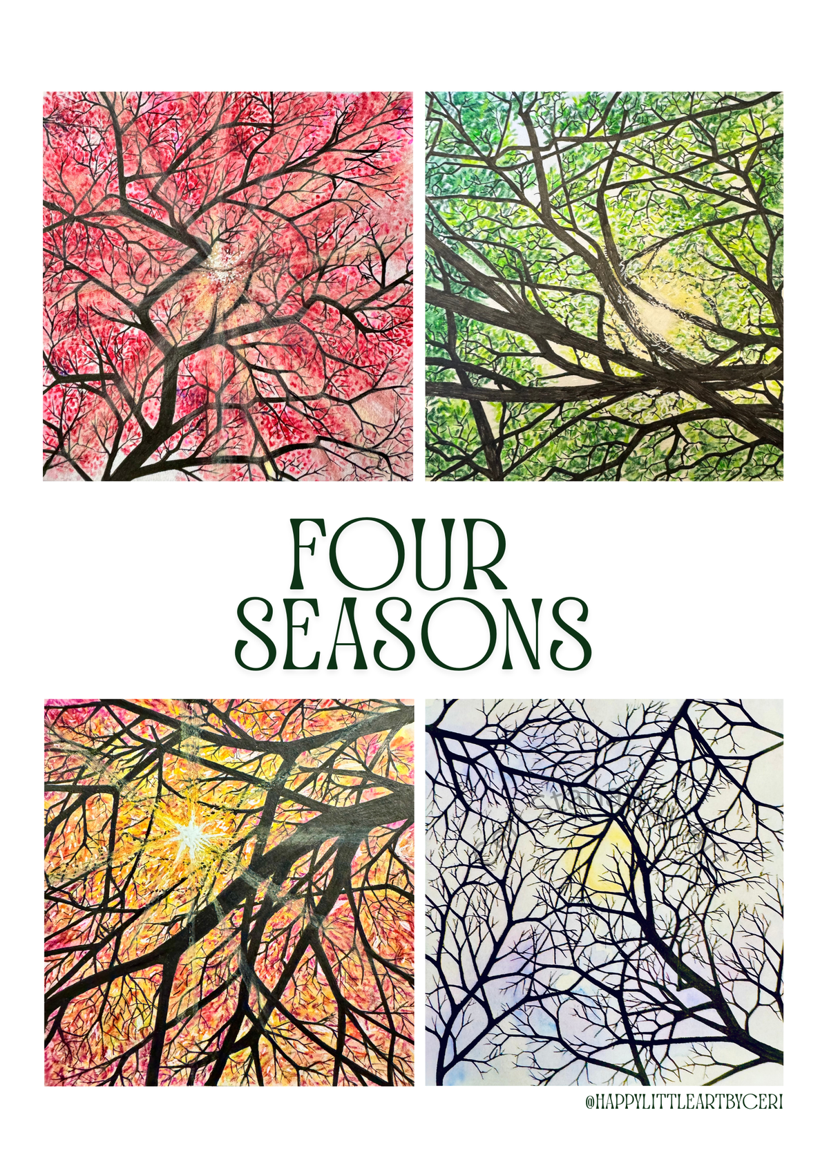 Four seasons art poster - spring, summer, autumn and winter trees