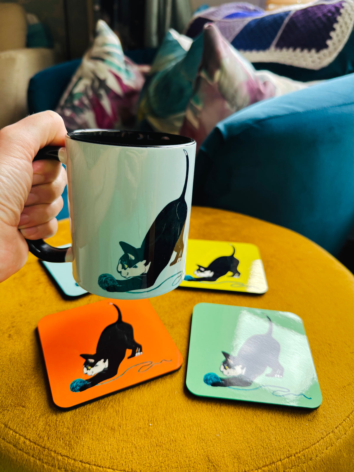Catford Cat Black And White Cat Coasters – Set Of Four - Colourful UK-Made Designs
