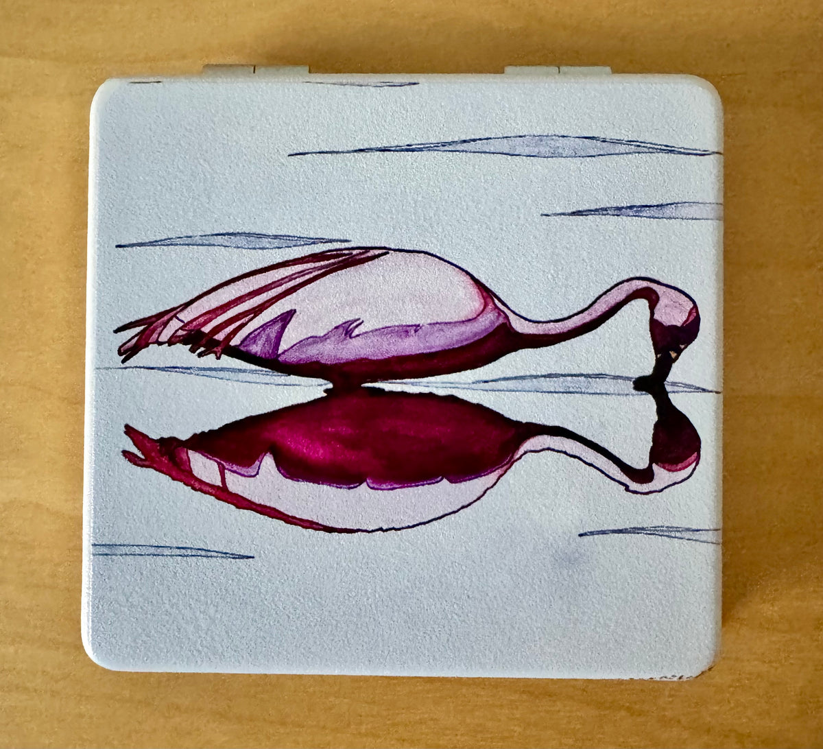 Magnifying compact mirror - flamingo - based on original artwork