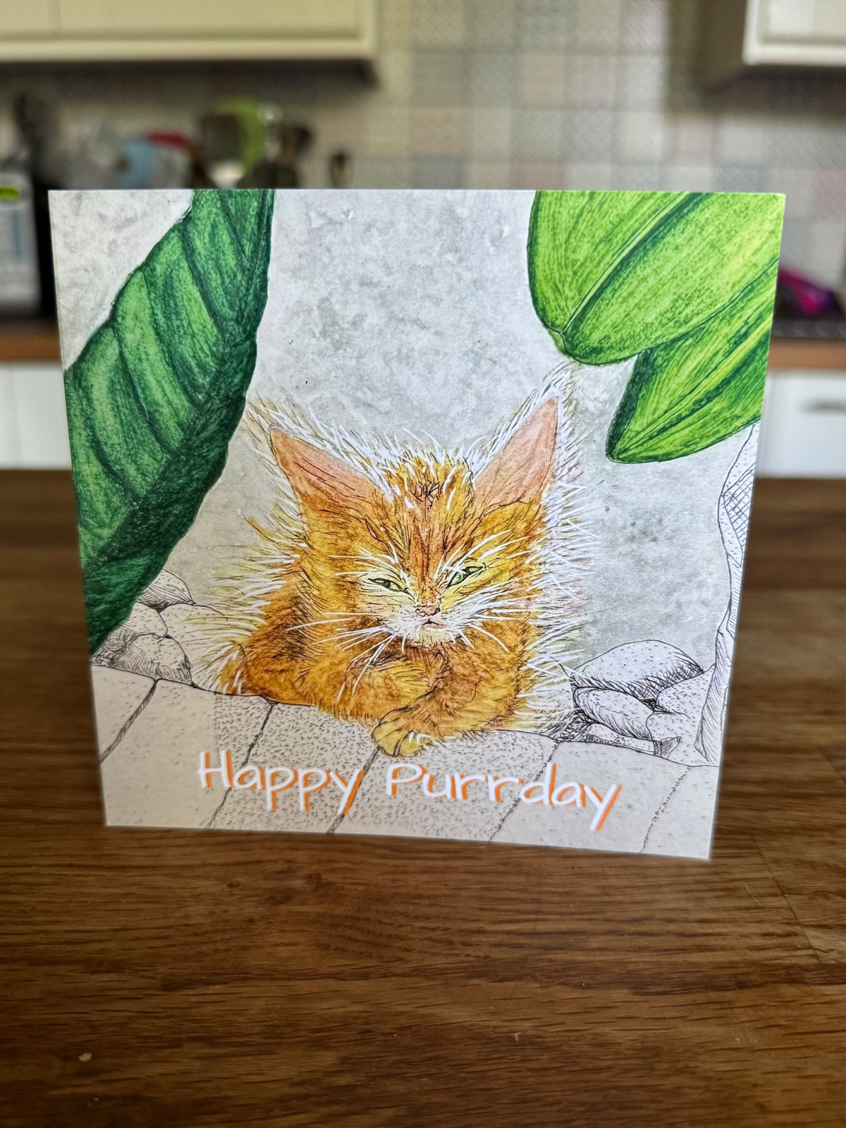 A square greeting card featuring a colored pencil drawing of an orange tabby kitten under green leaves, with the text 'Happy Purrday' at the bottom, displayed on a wooden table in a kitchen setting.