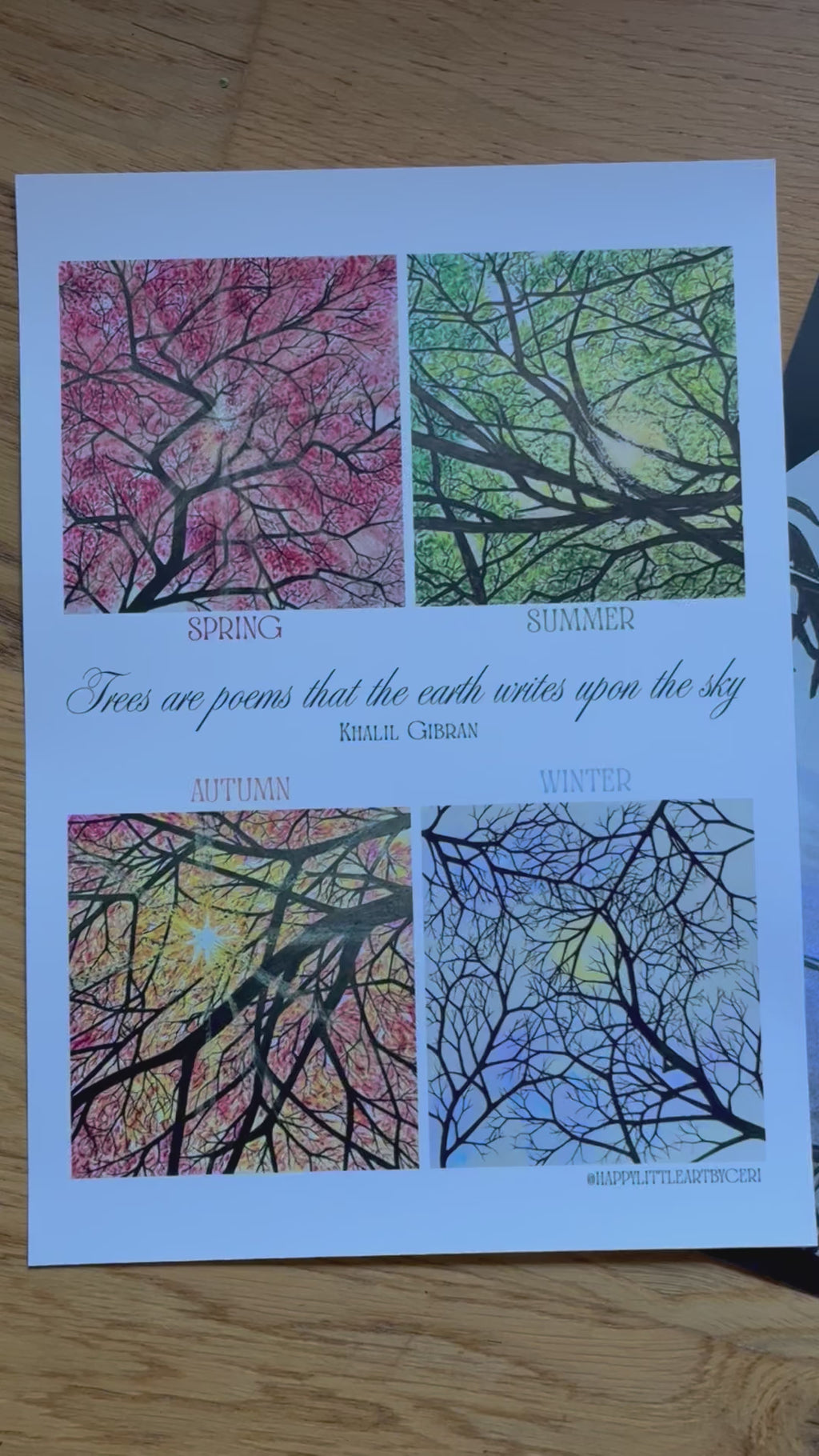 Four seasons art poster - spring, summer, autumn and winter trees