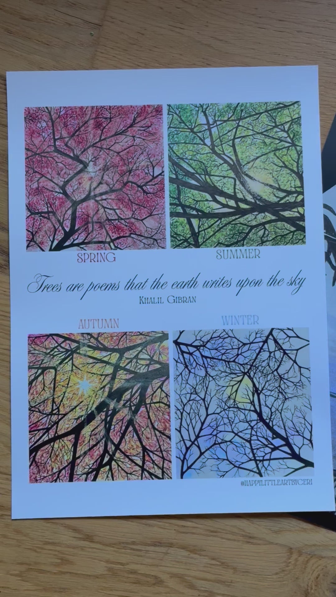 Four seasons art poster - spring, summer, autumn and winter trees